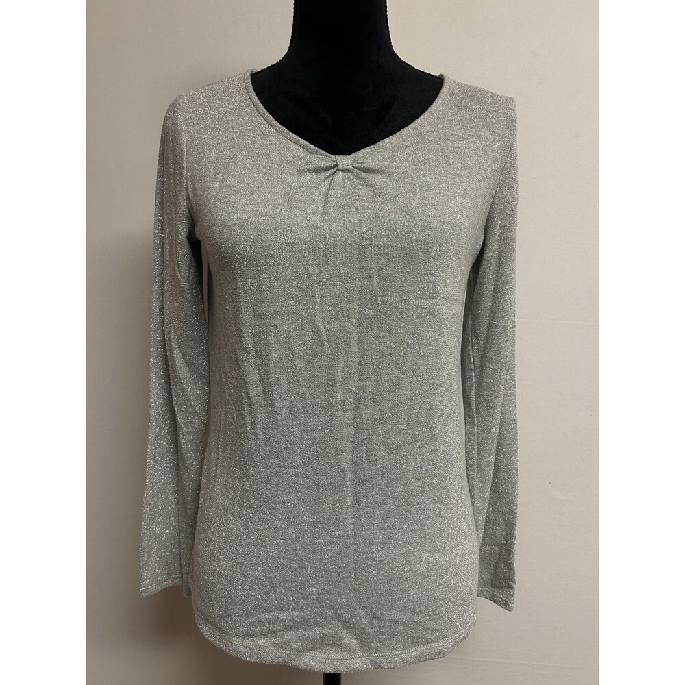Talbots Womens Small Gray Silver Shimmer Long Sleeve V Neck Gathered Knot
